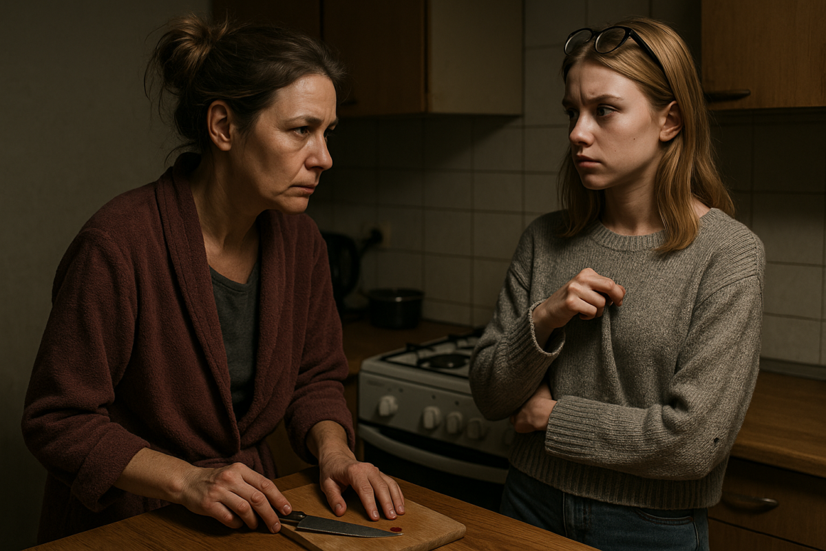 Женщина средних лет в поношенном халате стоит в тускло освещенной кухне, сжимая нож рядом с небольшим пятном крови на разделочной доске. Напротив нее девочка-подросток в сером свитере с дыркой на рукаве нервно теребит ткань. Атмосфера напряженная, подчеркивающая эмоциональную конфронтацию.