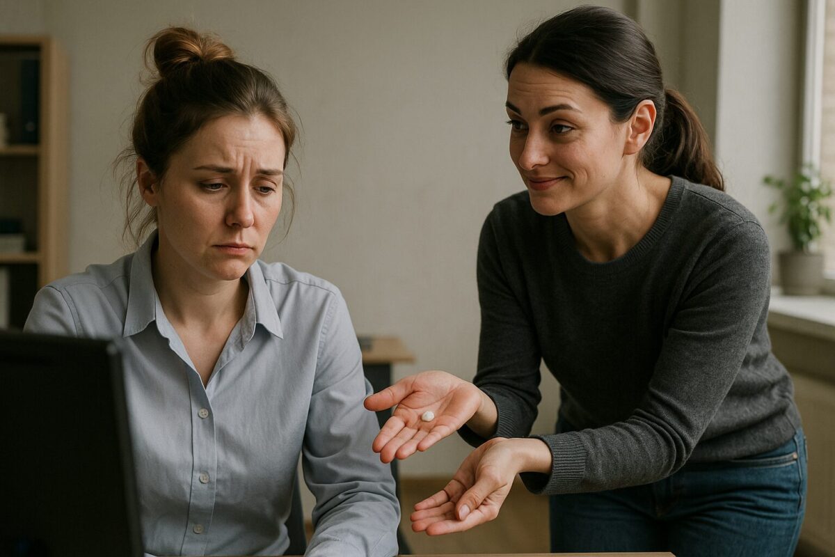 Две женщины в офисе. Младшая сидит за компьютером с подавленным выражением лица, на ней офисная рубашка. Старшая, стоящая рядом в джемпере и джинсах, протягивает ей таблетку с сочувственным, но слегка ироничным выражением. Атмосфера напряжённая, но тёплая.