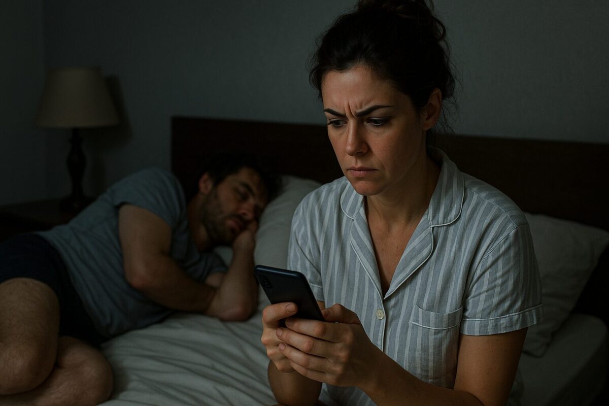 Женщина лет тридцати двух в светлой хлопковой пижаме сидит на краю кровати в тёмной комнате, нахмуренно смотрит на экран телефона, лицо уставшее и тревожное. За её спиной мужчина около тридцати, небритый и с растрёпанными волосами, спит на широкой кровати, занимая почти всё пространство. В комнате ощущается напряжённая, тревожная атмосфера — всё замерло в ожидании надвигающегося конфликта.