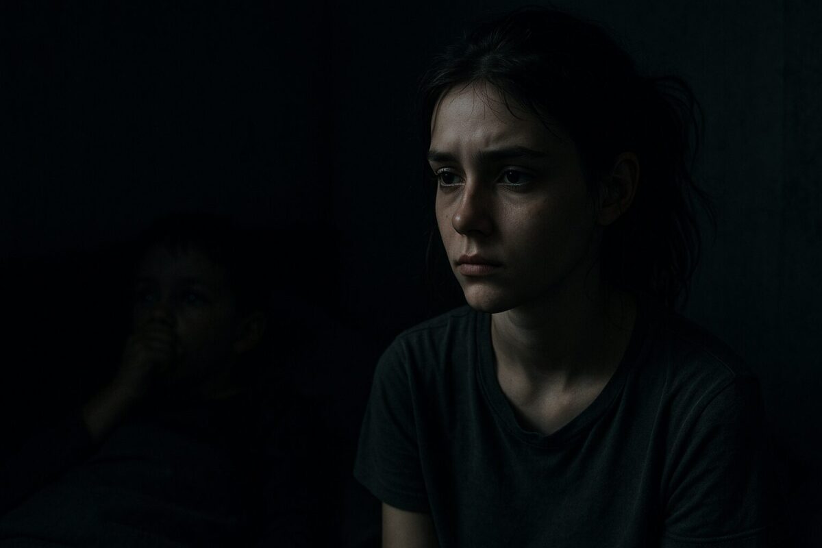 девочка-подросток средних лет, торжественно сидящая ночью в тускло освещенной комнате. Выражение ее лица усталое и обремененное, темные волосы собраны в неряшливый конский хвост, а поза напряженная