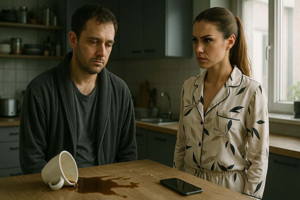 Мужчина в тёмном халате с опущенным взглядом сидит у стола с пролитым кофе, напротив него стоит женщина в модной пижаме с ярким макияжем, смотрит на него с раздражением. Светлая кухня, утренний свет из окна. Атмосфера — холодная, напряжённая.