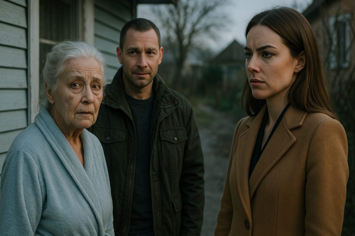 Пожилая женщина в голубом халате стоит у дома рядом с мужчиной и женщиной; на их лицах — тревога и напряжённость, раннее утро, хмурое небо.