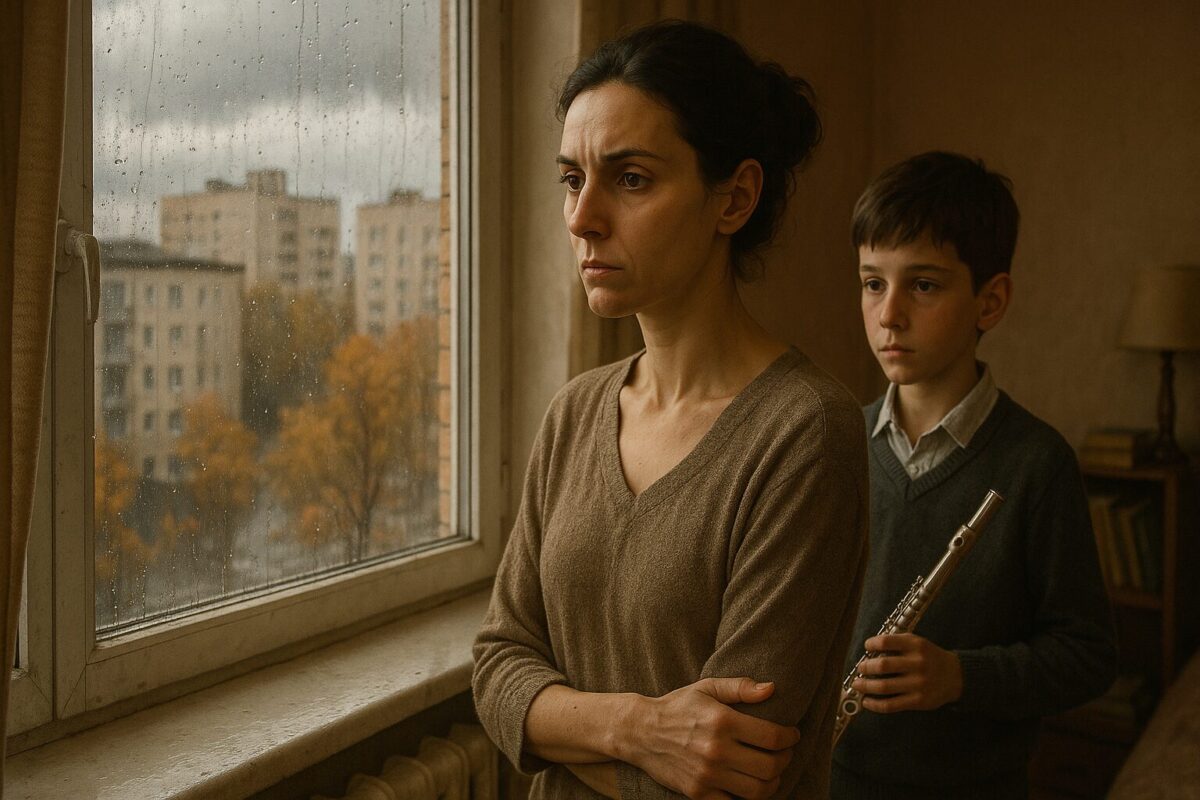Женщина лет тридцати с темными волосами, собранными в пучок, стоит у залитого дождем окна и смотрит на улицу с печальным, отстраненным выражением лица. Мальчик лет 10 с флейтой в руках стоит чуть позади нее в тускло освещенной комнате.