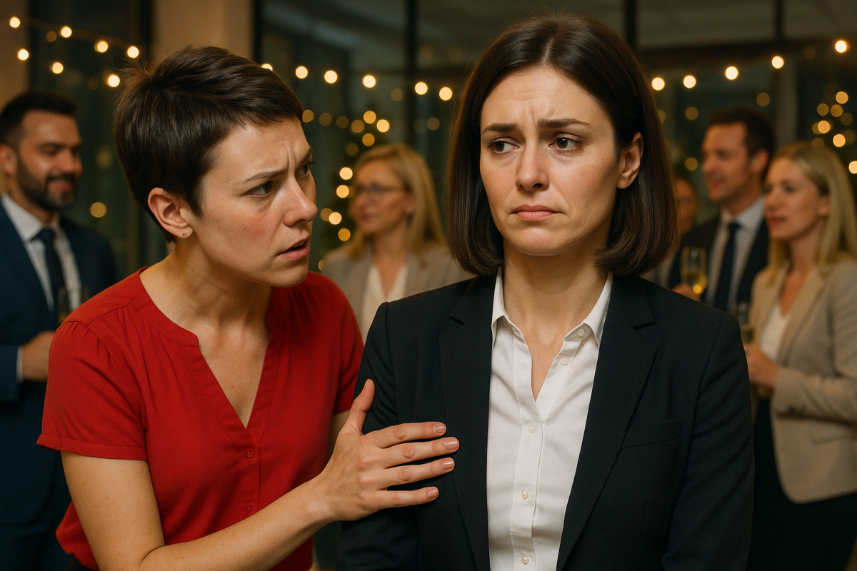 Две женщины на корпоративе — одна в яркой красной блузке с обеспокоенным лицом, поддерживает вторую, у которой напряжённое выражение и деловой костюм; на фоне — улыбающиеся коллеги с бокалами шампанского на фоне гирлянд.