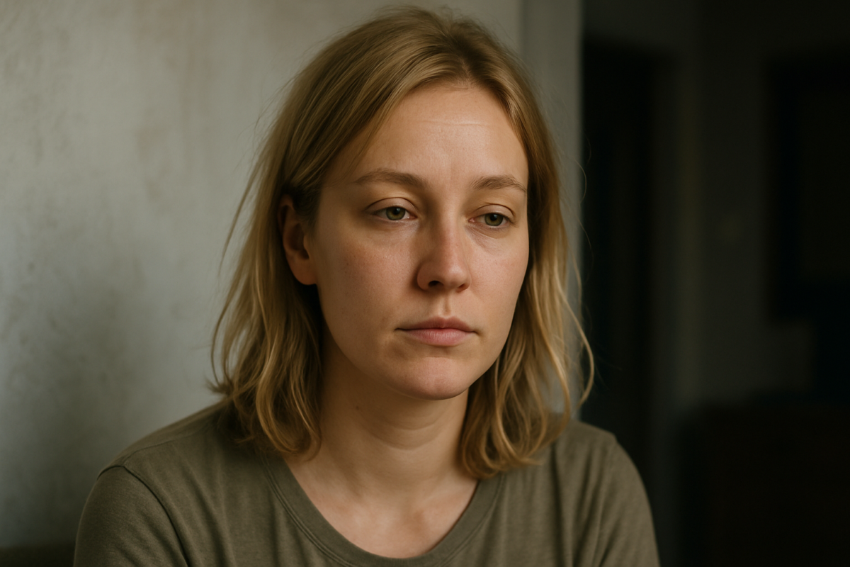 Молодая женщина со светлыми волосами до плеч и спокойным, слегка меланхоличным выражением лица сидит в помещении при мягком естественном освещении.