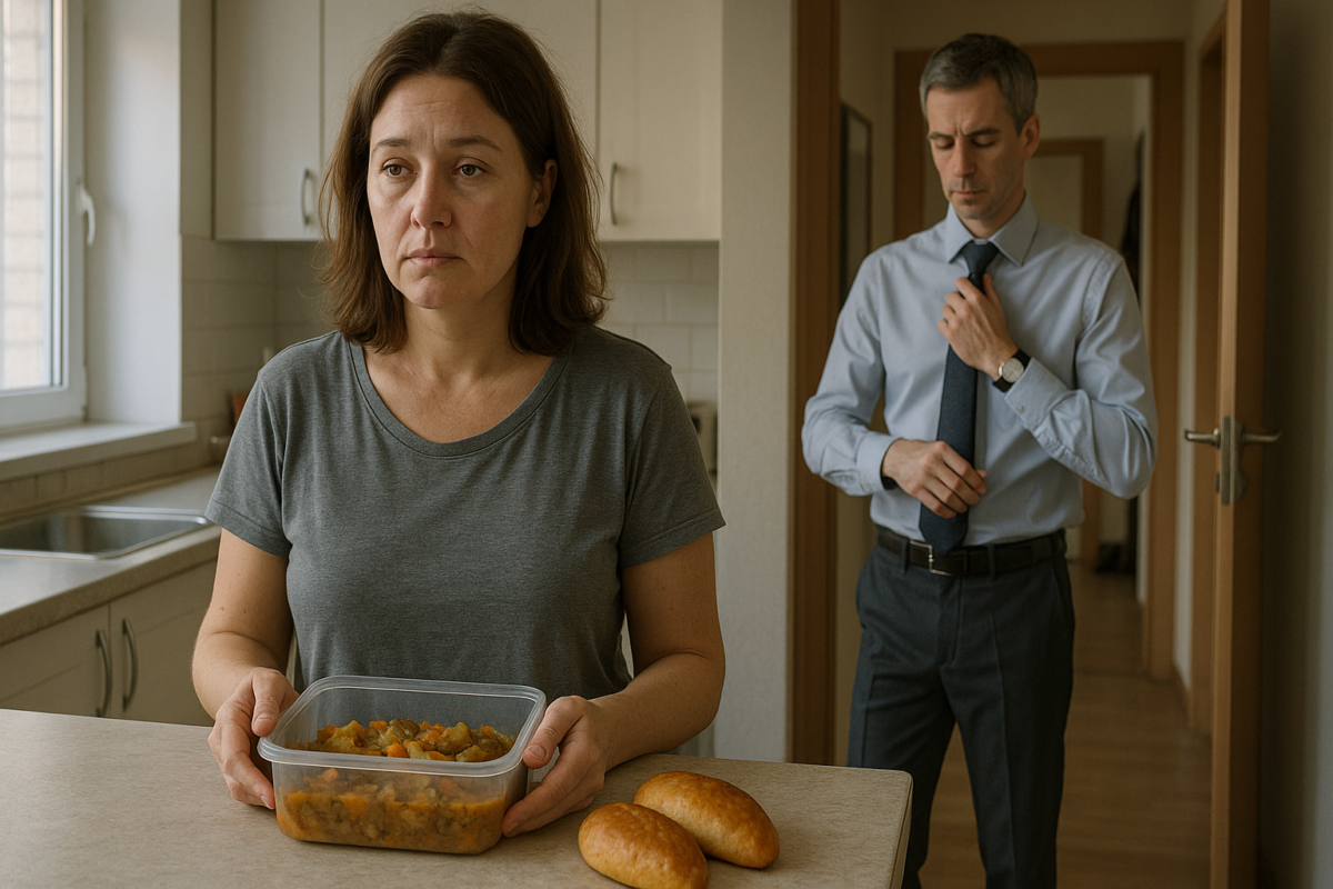 На светлой кухне женщина с усталым, но добрым выражением лица держит контейнер с рагу; на столе рядом лежат два румяных пирожка. В дверном проёме на заднем плане мужчина поправляет галстук, глядя на часы.