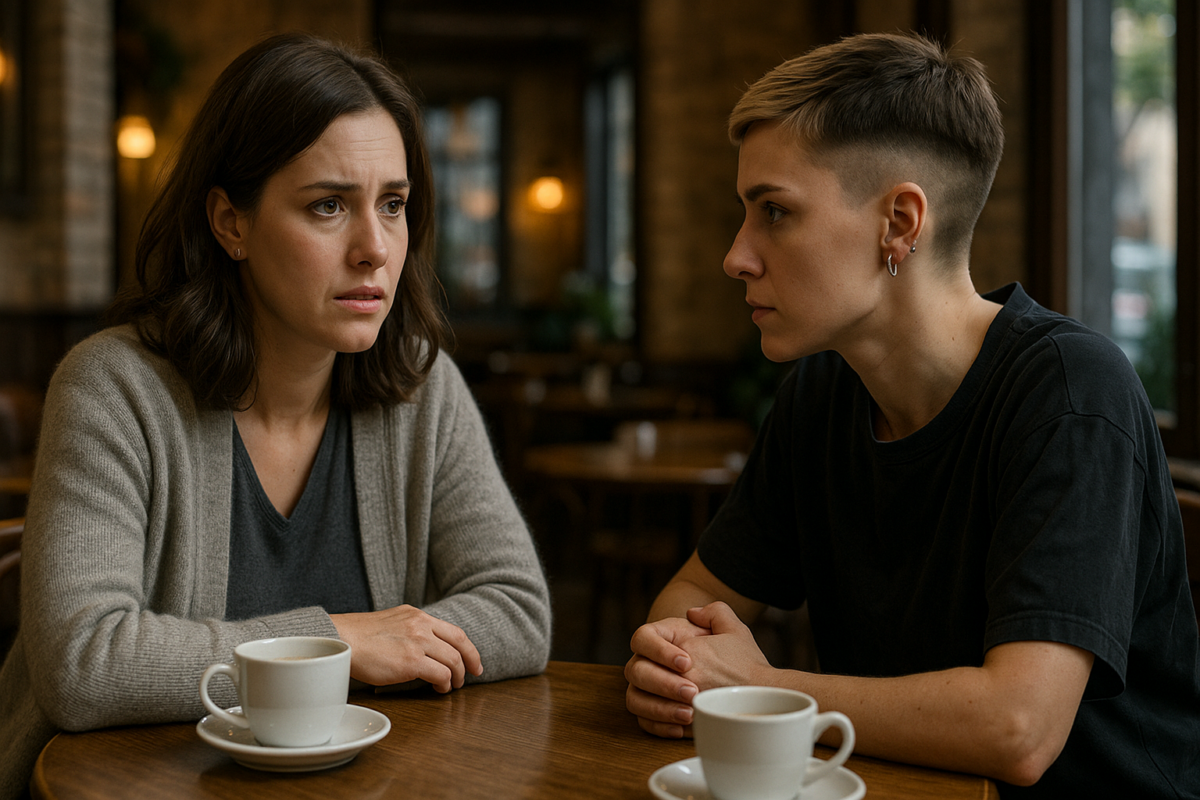 В уютном кафе две женщины за столиком ведут серьёзный разговор. Слева Лена, элегантная, в сером кардигане, выглядит напряжённой. Справа Ира, с короткой стрижкой и пирсингом, в тёмной одежде, наблюдает за подругой с решимостью. Между ними — чашки кофе, атмосфера — судьбоносного диалога.