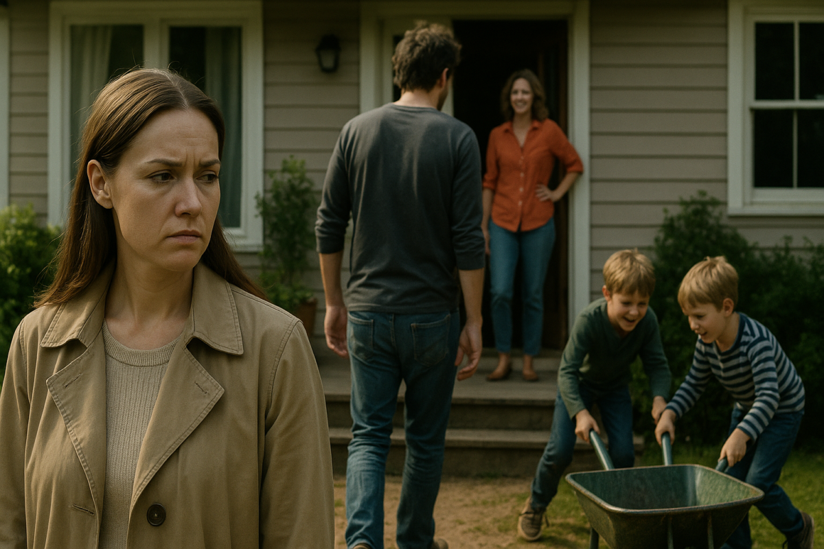 Женщина с измученным выражением лица стоит на переднем плане, в то время как мужчина идет к ярко одетой женщине на крыльце, а двое мальчиков энергично играют с тачкой во дворе.