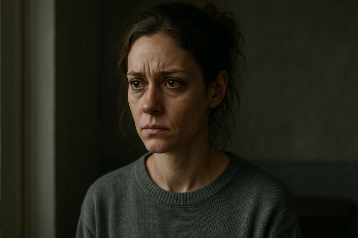 Молодая женщина 28–30 лет с осунувшимся лицом, тенями под глазами и напряжённым выражением, каштановые волосы собраны в небрежный пучок, на ней растянутый свитер. Она стоит у окна в тёмной комнате, атмосфера тревожного ожидания и гнетущей неопределённости.