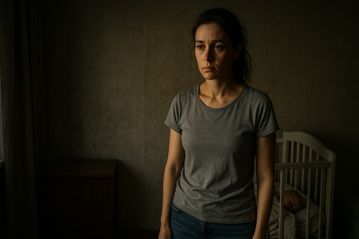 Утомлённая женщина в домашней футболке и джинсах стоит в полутёмной комнате рядом с детской кроваткой, в которой спит младенец. На её лице отражаются усталость, напряжение и внутренняя борьба.