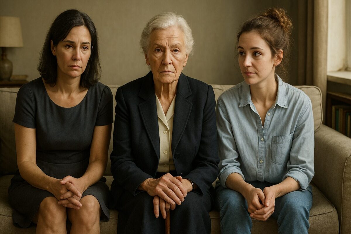 Три женщины разных поколений — пожилая, взрослая и молодая — сидят рядом на диване в светлой комнате, сдержанно выражая эмоции и напряжённую надежду.