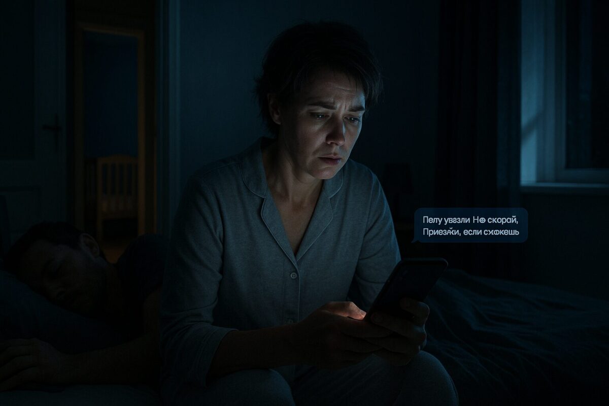 Женщина средних лет в пижаме сидит на краю кровати в тёмной спальне, освещённой голубоватым светом экрана смартфона. Её лицо напряжено, в руке — телефон с тревожным сообщением. Муж спит рядом, на заднем плане — приоткрытая дверь в детскую, через которую проникает лунный свет, отбрасывая тени.