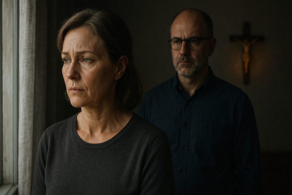 Женщина средних лет с усталым выражением смотрит в окно, на фоне стоит мужчина в очках с серьёзным лицом; между ними ощущается эмоциональная дистанция.