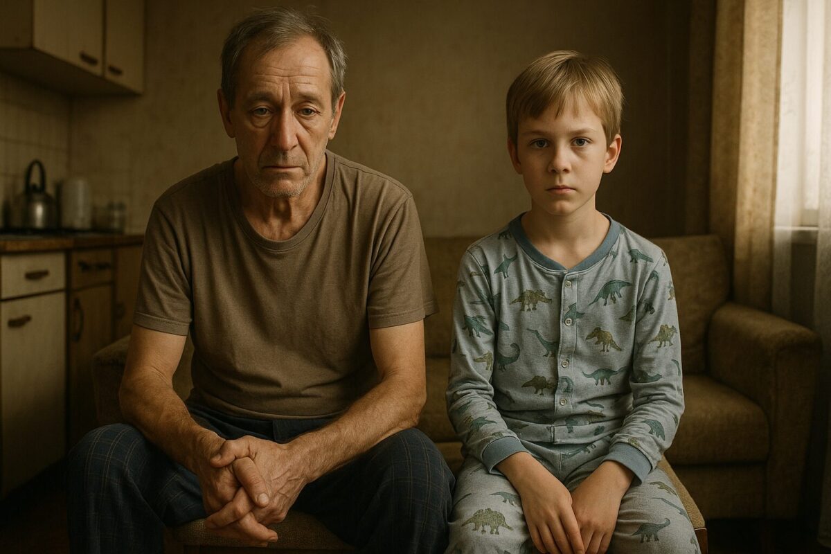Пожилой мужчина и мальчик сидят рядом на диване в тускло освещённой кухне. У мужчины седые волосы, усталое лицо, он в домашней футболке и клетчатых штанах. Мальчик в пижаме с динозаврами, которая ему мала. Оба смотрят в камеру с выражением тихой грусти и внутренней отрешённости.