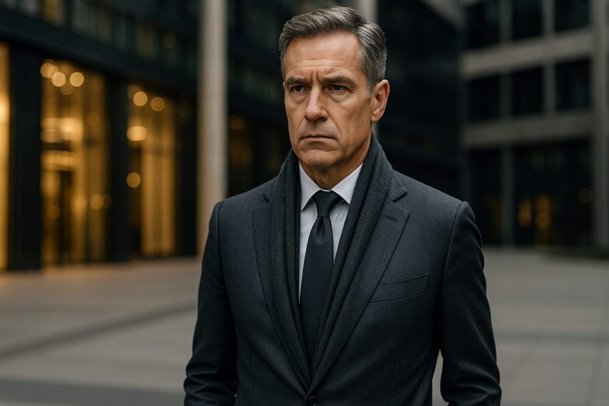 Мужчина 56 лет в дорогом костюме и кашемировом шарфе стоит на фоне современного делового центра; на лице — сосредоточенность и внутренняя напряжённость, скрытая за маской уверенности.