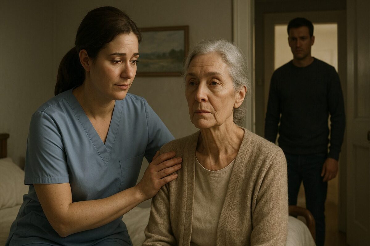 Медсестра в медицинской форме с заботливым выражением лица сидит рядом с пожилой женщиной с благородными чертами, держа её за плечо, в то время как мужчина стоит в дверях на заднем плане, наблюдая с напряжением. Атмосфера тёплая, но грустная, с ощущением надвигающихся перемен.
