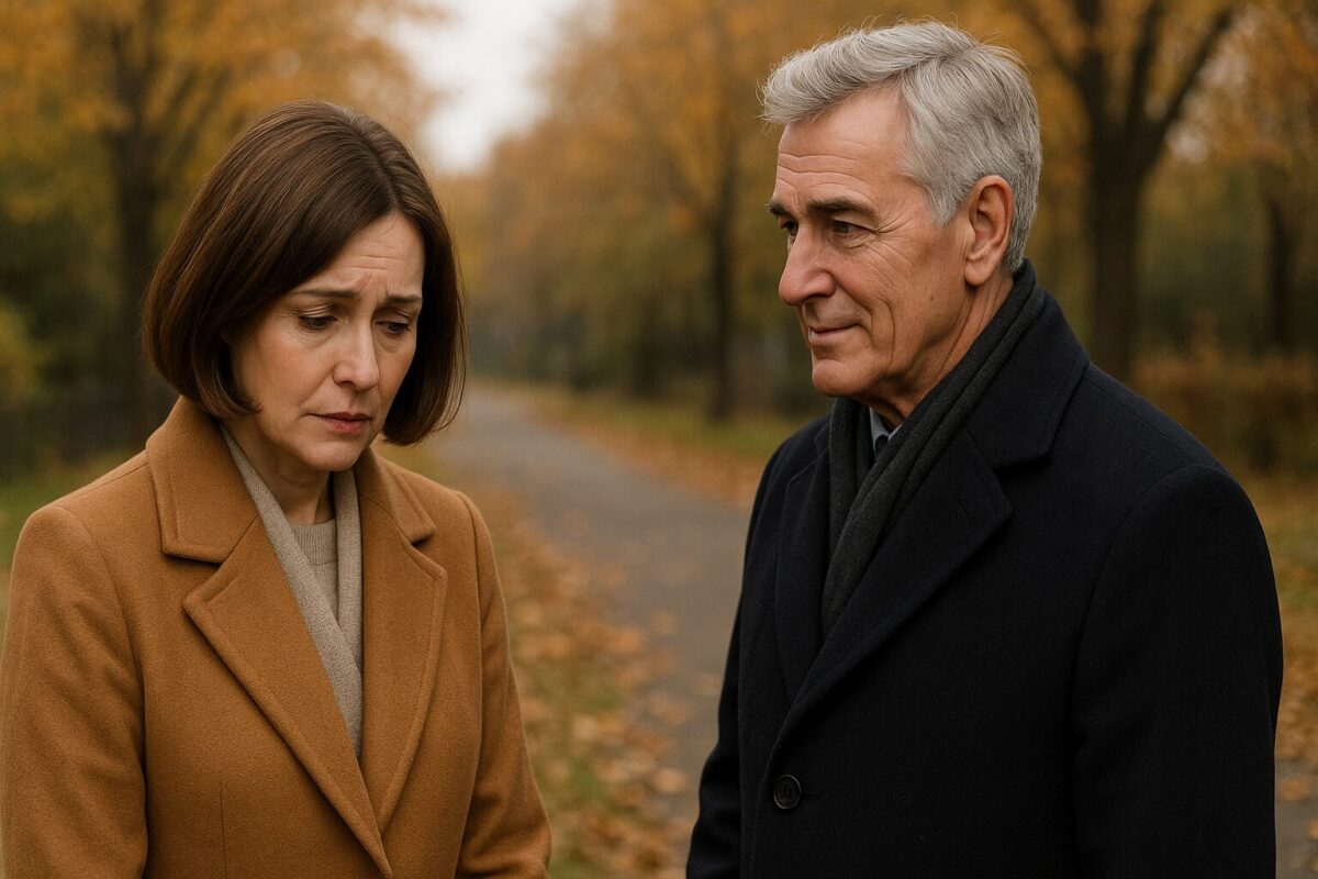 Вера Петровна и Михаил Андреевич стоят на аллее осеннего парка, окружённой опавшими листьями. Женщина в светло-коричневом пальто с грустным выражением лица смотрит вниз, мужчина в тёмном пальто и шарфе с тёплым взглядом наблюдает за ней. Между ними чувствуется зарождающееся чувство на фоне осенней меланхолии.