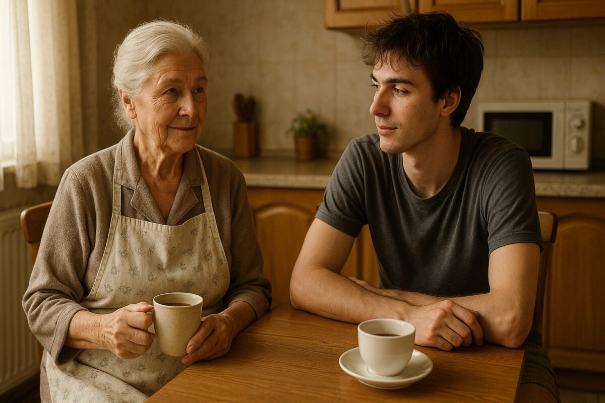 Пожилая женщина с аккуратной сединой и в фартуке сидит за кухонным столом с чашкой в руках, напротив неё — молодой парень в домашней футболке и шортах, с растрёпанными тёмными волосами. Они обмениваются тёплыми взглядами на фоне уютной кухни, наполненной мягким светом.