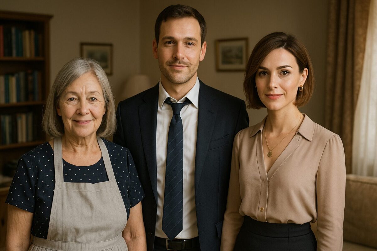 Трое людей в комнате — пожилая женщина в фартуке и платье в горошек, высокий мужчина в костюме с ослабленным галстуком и женщина в элегантной блузке и юбке. Все стоят рядом, сдержанно улыбаются, мягкий дневной свет освещает интерьер гостиной.