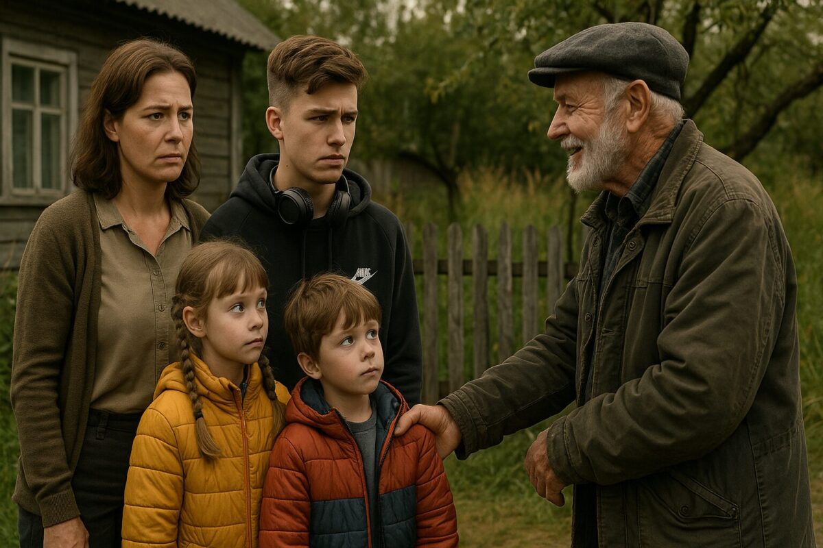 Семья из города стоит на фоне деревенского дома и смотрит на улыбающегося пожилого мужчину. Женщина с решительным выражением лица, подросток в наушниках выглядит скептически, а двое младших детей с любопытством наблюдают за стариком, который дружелюбно протягивает руку. Атмосфера теплого, но немного тревожного начала новой жизни.