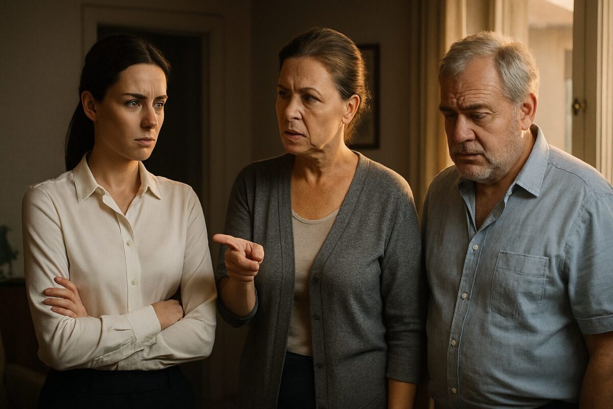 Аня стоит с напряжённым лицом, скрестив руки; свекровь указывает на неё пальцем с настойчивым выражением, а свекор стоит рядом с угрюмым, тревожным взглядом. Вечерний свет проникает сквозь окно, освещая сцену скрытого конфликта.