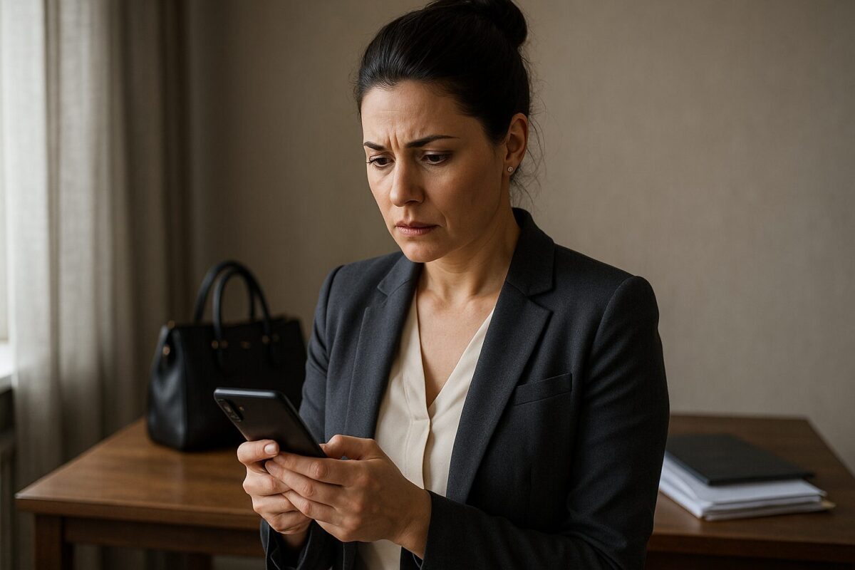 Женщина 35–40 лет в деловой одежде стоит у стола, держа в руках смартфон и сосредоточенно смотрит на экран. На лице — тревога и разочарование. Позади — чёрная сумка и папка с бумагами, как будто она собиралась уходить. Атмосфера — момент осознания предательства.