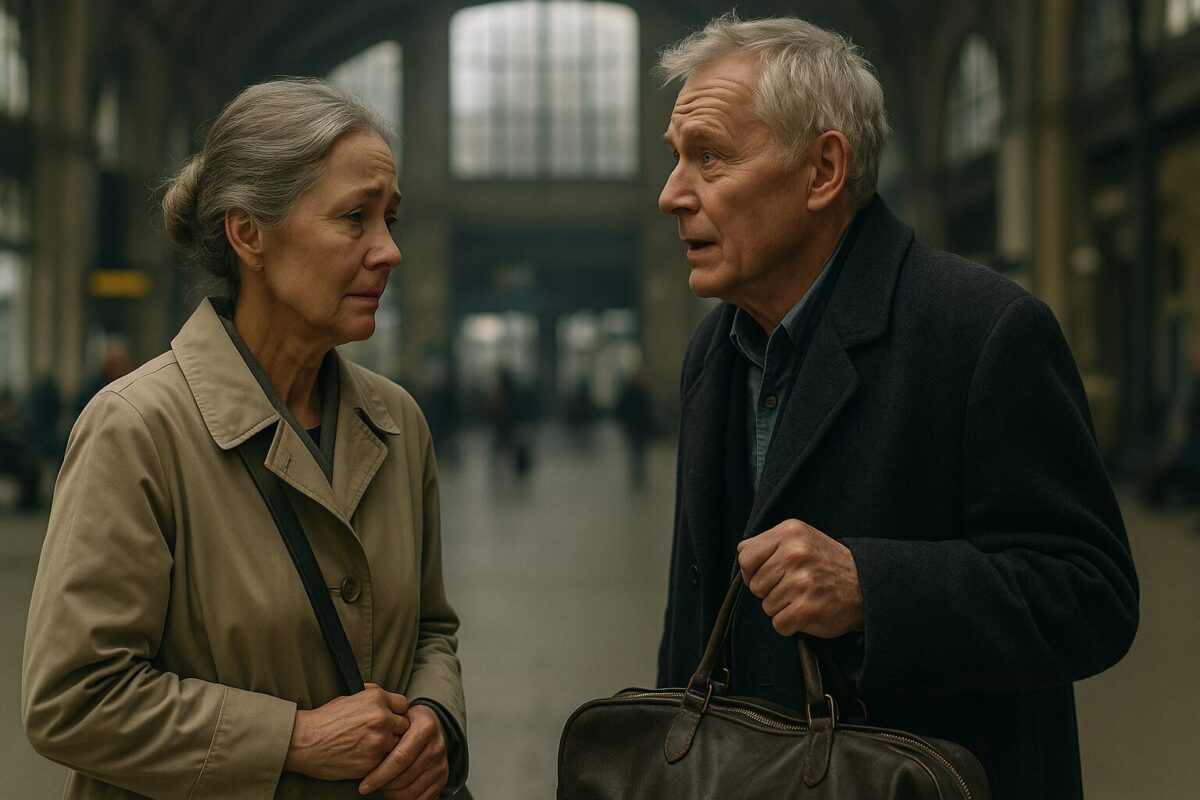 Вокзал. Женщина и мужчина пожилого возраста замерли лицом к лицу. Она — сдержанная, с сумкой через плечо, он — немного сутулый, с дорожной сумкой в руке. Их взгляды полны боли и узнавания. Вокруг — размытая толпа, будто весь шум мира затих.