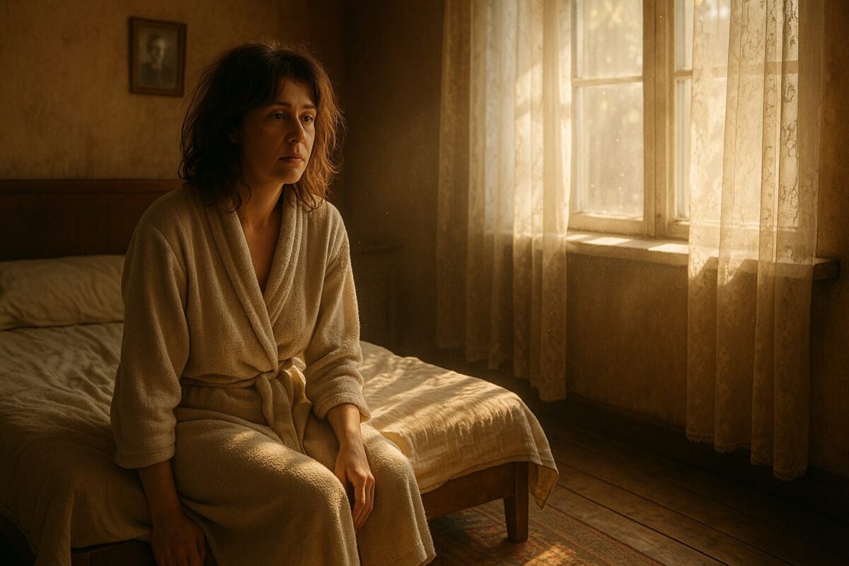 Женщина около 35 лет в светлом халате сидит на краю кровати в старой комнате с тюлевыми занавесками. Сквозь окно льётся тёплый утренний свет, подсвечивая пыль в воздухе. Атмосфера — тёплая, ностальгическая, с лёгкой грустью и предчувствием перемен.