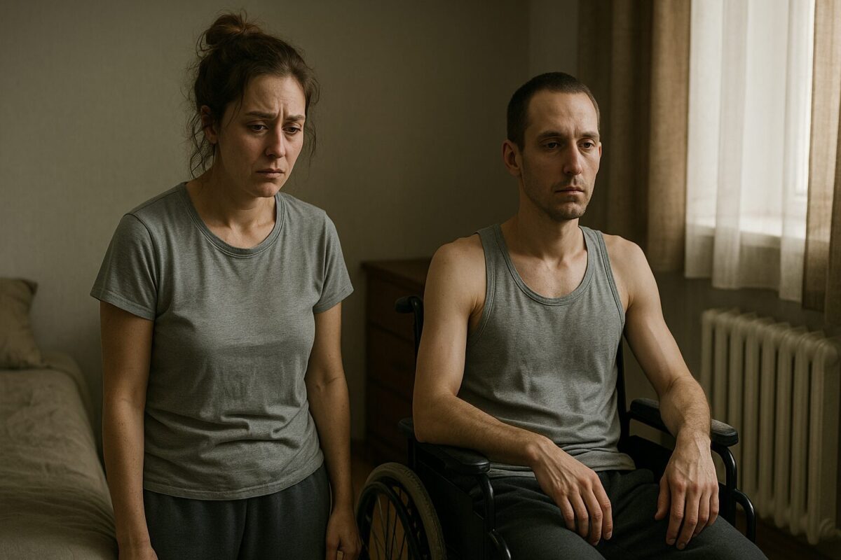 Уставшая женщина с небрежным пучком и измученным лицом стоит рядом с худощавым мужчиной в инвалидной коляске. Оба одеты в простую домашнюю одежду серых тонов. В комнате тусклый дневной свет, атмосфера напряжённая и безнадёжная, между героями ощущается эмоциональная дистанция.