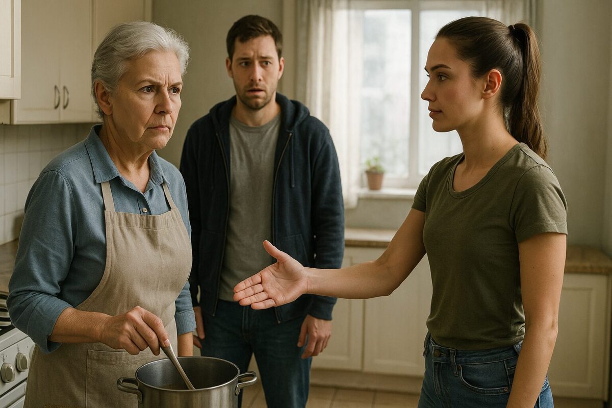 На светлой кухне — строгая пожилая женщина с сединой и в фартуке держит половник, насторожённо смотрит на молодую спортивную женщину в джинсах и футболке, которая спокойно протягивает руку для приветствия. Между ними напряжение. На заднем плане — молодой мужчина, нервно наблюдающий за сценой. Атмосфера тревожная, ощущается скрытый семейный конфликт.