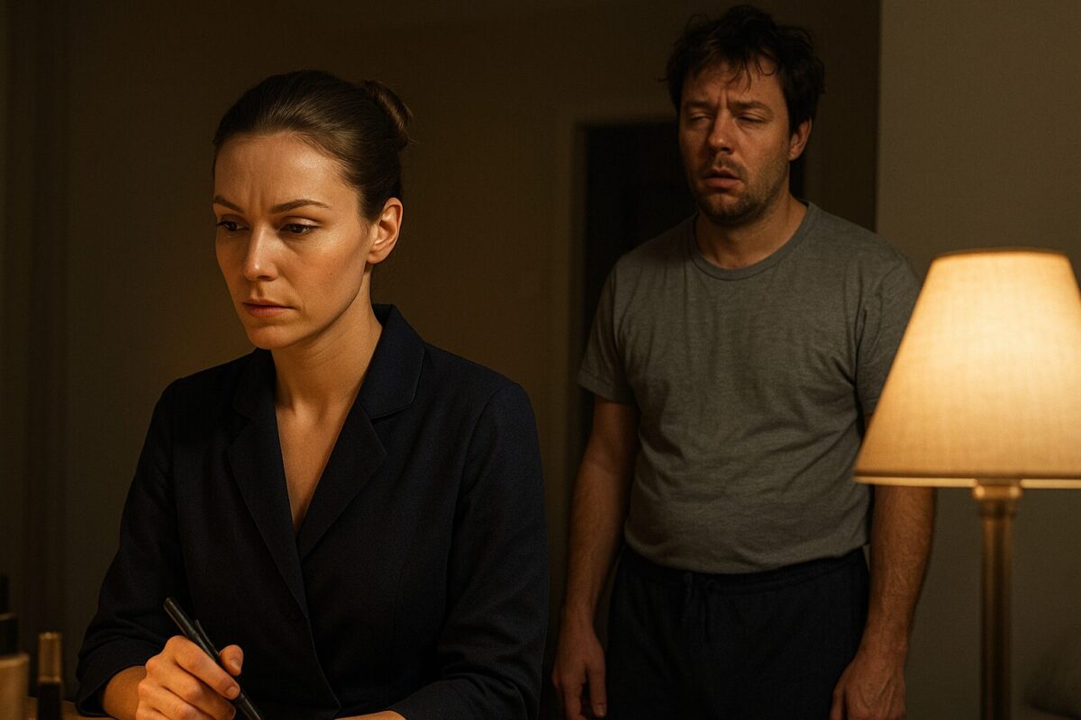 Молодая женщина с усталым и собранным лицом сидит за столом при тёплом свете настольной лампы, в строгом домашнем халате, с макияжем и собранными в пучок волосами. Позади неё стоит мужчина с растрёпанными волосами, в футболке и спортивных штанах, выглядит сонным и слегка раздражённым. В комнате чувствуется напряжённая, тихая атмосфера перед началом конфликта.