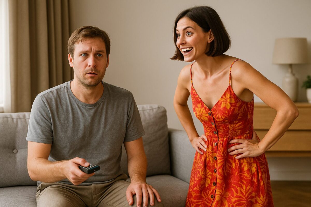 Мужчина 35–40 лет с русыми волосами, в домашней одежде сидит на диване с пультом в руке, на лице растерянность. Рядом стоит женщина 30–35 лет с каре, в ярком сарафане, с горящими глазами и уверенной позой, выражение лица — воодушевление и решимость. Атмосфера — контраст эмоций: у мужчины шок, у женщины возбуждение и предвкушение перемен.