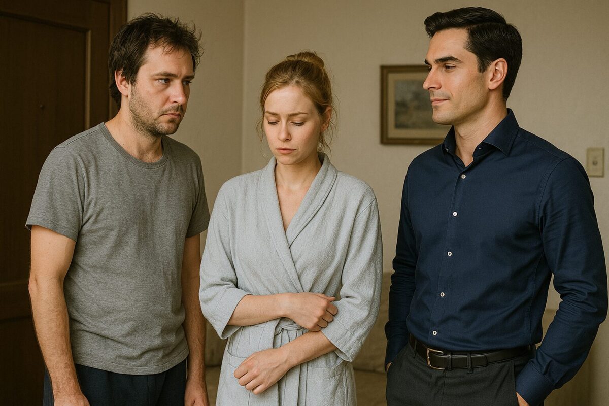 Трое человек стоят в комнате: Андрей в домашней одежде выглядит напряжённым и настороженным, Лена в халате опускает глаза, скрестив руки, а Виктор в дорогой тёмной рубашке уверен и расслаблен. Атмосфера — неловкая и напряжённая.