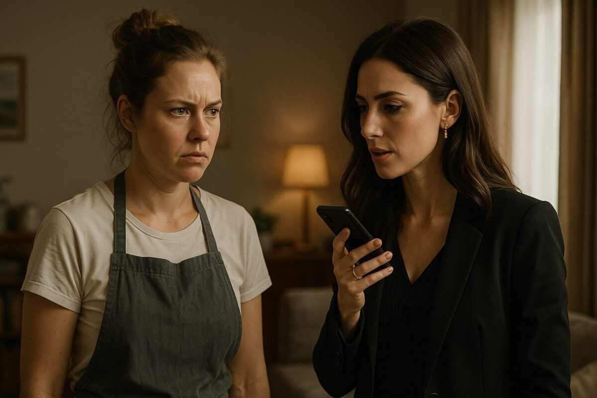 Две женщины в напряжённой обстановке в уютной комнате. Левая — Лена, 30 лет, с серьёзным лицом в футболке и фартуке, волосы в небрежном пучке. Правая — Марго, около 35 лет, с яркой внешностью и распущенными волосами, стильно одета, держит телефон и говорит вполголоса.