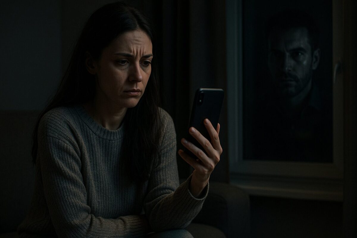 Молодая женщина с длинными темными волосами, одетая в серый свитер, напряженно сидит на диване, держа в руках смартфон. На ее лице написано глубокое беспокойство и эмоциональное напряжение. В темном окне позади нее появляется слабое отражение серьезного мужчины с резкими чертами лица и пристальным взглядом, создающим навязчивую атмосферу.