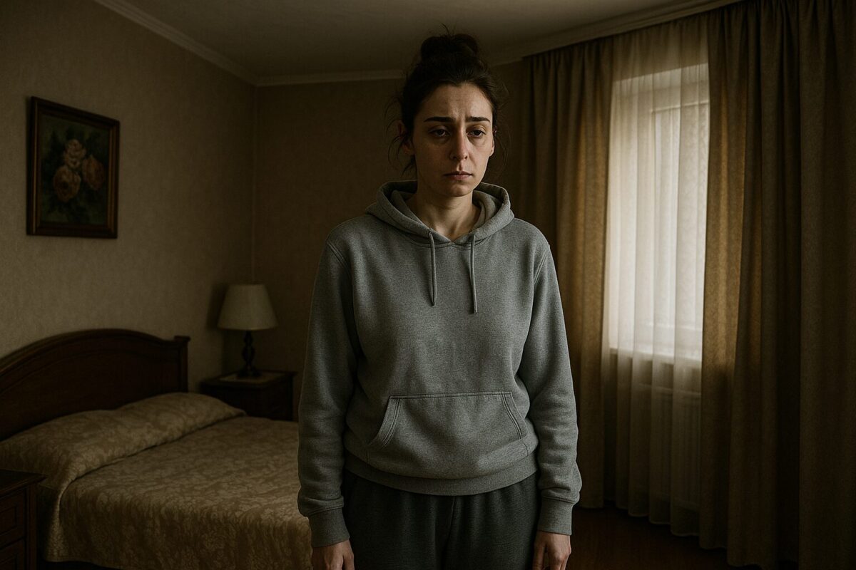 Измождённая женщина в серой домашней одежде стоит в тускло освещённой спальне, на лице — следы усталости и тревоги. Атмосфера сцены — напряжённая и гнетущая.