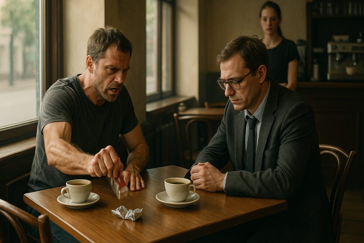 В уютной, почти пустой кофейне двое мужчин сидят за столом у окна. Один из них, небритый и спортивного телосложения, в гневе швырнул на стол смятую пачку сигарет. Другой — интеллигентного вида, в очках и костюме — сидит с поникшими плечами, уставившись в чашку с остывшим кофе. На заднем плане официантка наблюдает за ними с тревогой. Атмосфера напряжённая, словно перед срывом.