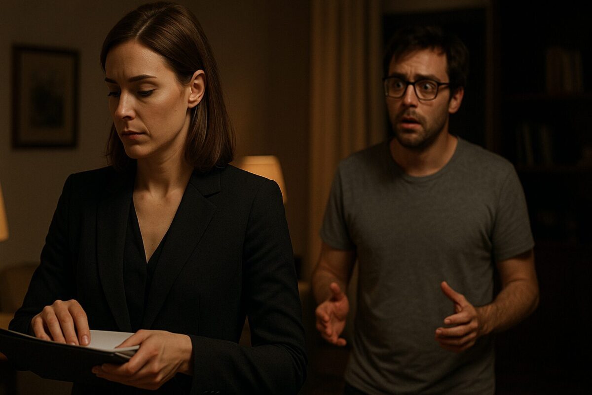 Марина в деловом костюме сосредоточенно собирает бумаги в папку на переднем плане. На заднем — Артём в домашней одежде и очках ошеломлённо смотрит на неё, слегка приподняв руки. В комнате приглушённый свет, атмосфера напряжённая, предчувствие разрыва.