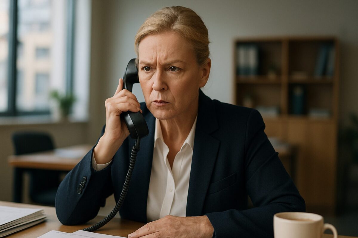 Женщина средних лет с суровым выражением лица держит телефонную трубку в офисе, на лице — решимость и напряжение. На столе — документы и чашка кофе.