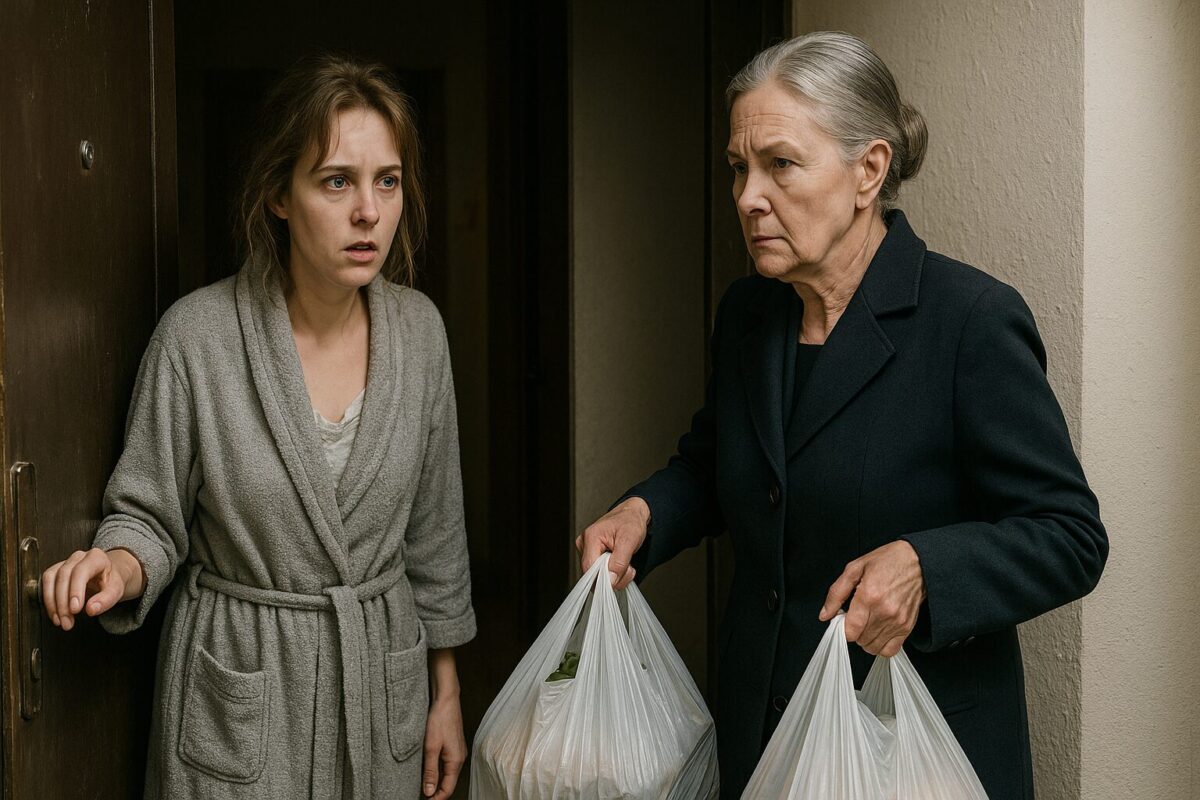 Утро. Молодая женщина в халате с растерянным лицом стоит в дверях своей квартиры. На пороге — пожилая женщина с холодным выражением, одетая в тёмное пальто, держит в руках пакеты с продуктами. Между ними — ощутимое напряжение.