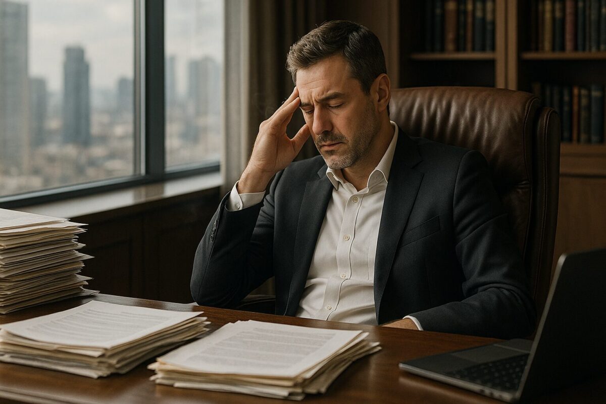 Уставший мужчина в дорогом костюме сидит в кожаном кресле у офисного стола, заваленного документами. Он держится за висок, глядя вниз, с выражением усталости и напряжения. За спиной — большое окно с видом на городской пейзаж. Атмосфера — деловая и напряжённая.