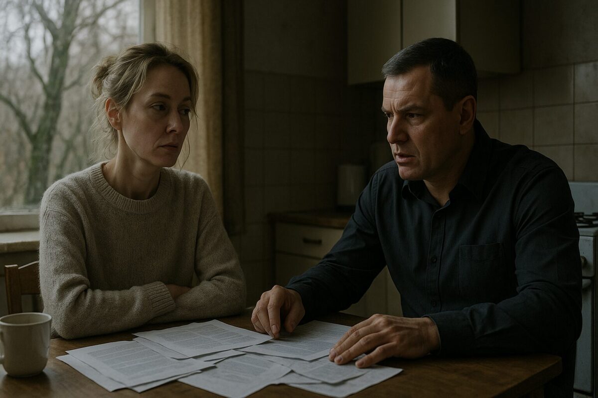 На тускло освещённой кухне пожилого дома за столом сидят мужчина и женщина. На столе разбросаны бумаги. Женщина с усталым, отстранённым взглядом смотрит в сторону, мужчина с каменным лицом что-то говорит, указывая на документы. За окном виден старый сад. Атмосфера напряжённая и холодная.