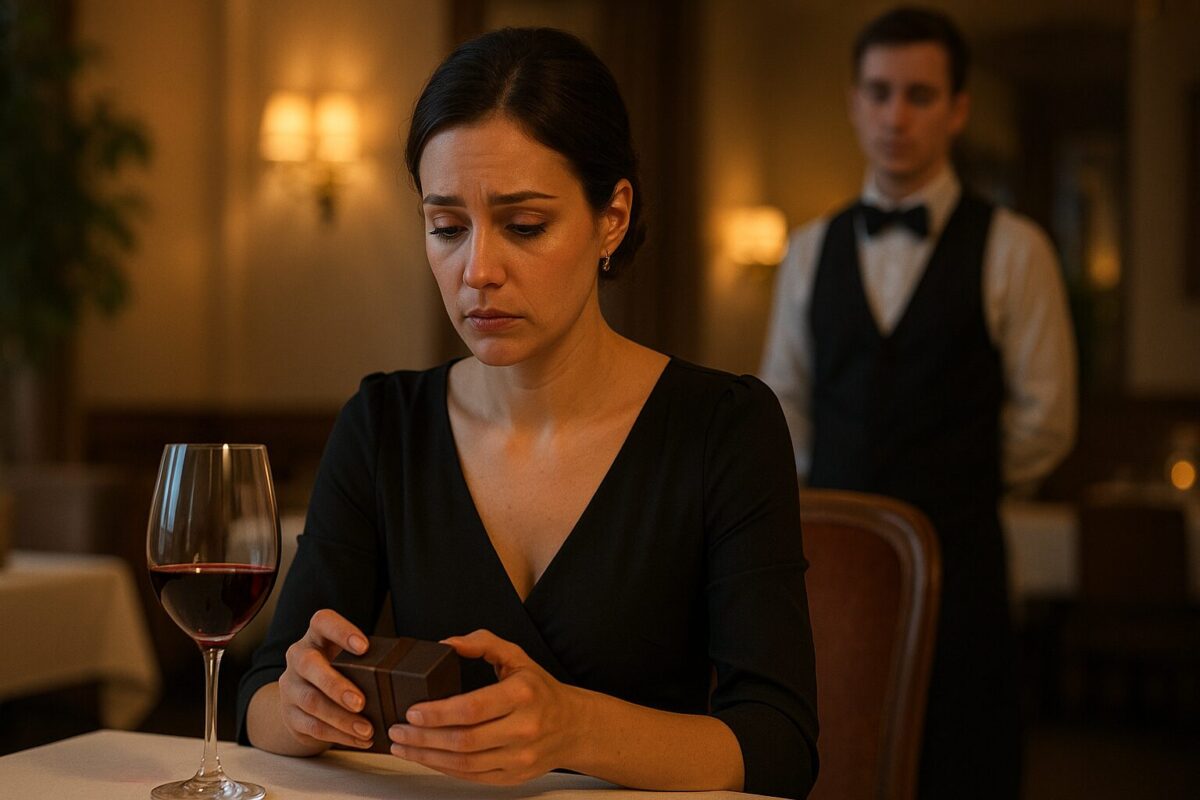 Молодая женщина в элегантном чёрном платье сидит за столиком в ресторане, с грустью глядя на небольшую коробочку в руках. Перед ней — бокал красного вина. Позади — официант в форме наблюдает с сочувствием. Атмосфера сцены — тёплый свет, но ощущение одиночества и разочарования.