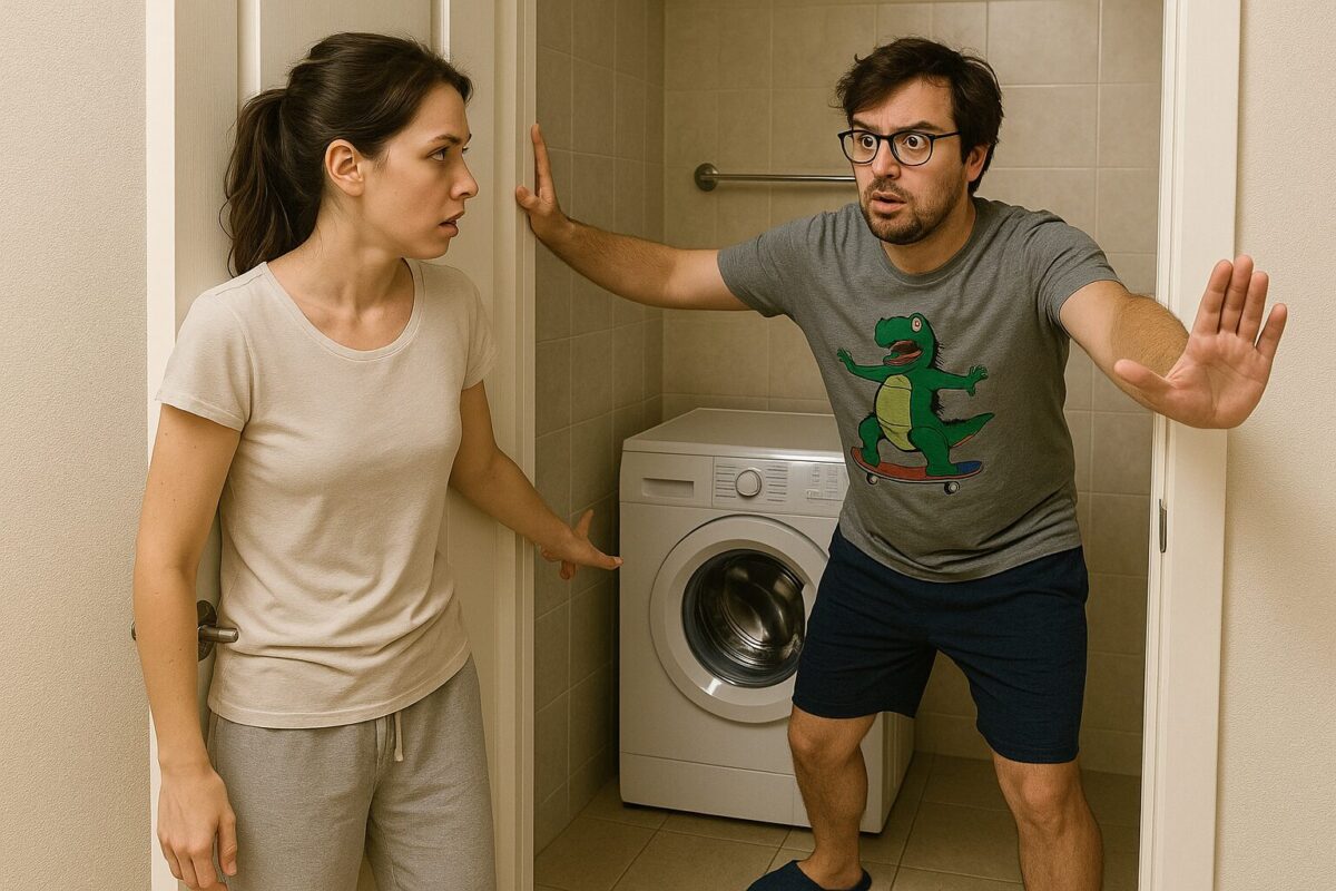 Молодая женщина в пижаме стоит у двери ванной комнаты с удивлённым лицом, глядя на мужчину, который драматично защищает стиральную машину, раскинув руки. Атмосфера сцены комичная и абсурдная.