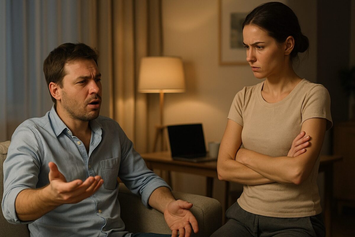 Павел раздражённо жестикулирует, сидя на диване, а Лена стоит напротив с упрёком и скрещёнными руками; между ними — напряжённая атмосфера конфликта в вечерней гостиной.