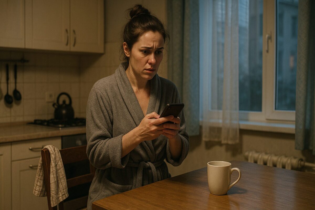 Женщина около 35 лет в сером халате с тревогой смотрит на телефон на кухне в мягком вечернем свете; на стуле висит полотенце, на столе — кружка. Атмосфера — напряжённое ожидание.