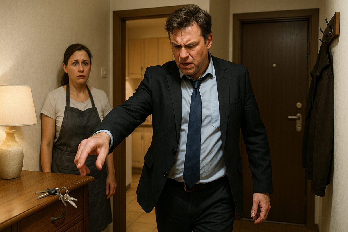 Мужчина в деловом костюме с сердитым выражением лица бросает ключи на комод в прихожей. Позади него, у выхода из кухни, стоит женщина в фартуке с растерянным и встревоженным взглядом. Атмосфера напряжённая, ощущается надвигающийся конфликт.