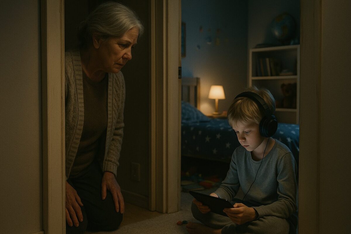 Пожилая женщина с тревогой смотрит на внука, сидящего на полу детской комнаты и полностью поглощённого планшетом в наушниках; вокруг — игрушки и тусклый свет ночника.