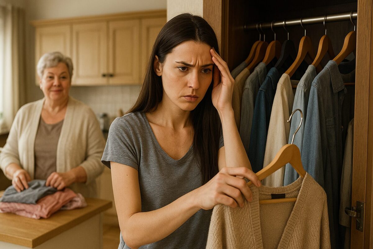 Молодая женщина в растерянности смотрит на одежду в шкафу, на заднем плане пожилая женщина с довольным видом раскладывает вещи из пакетов на кухне. Атмосфера напряжённая.