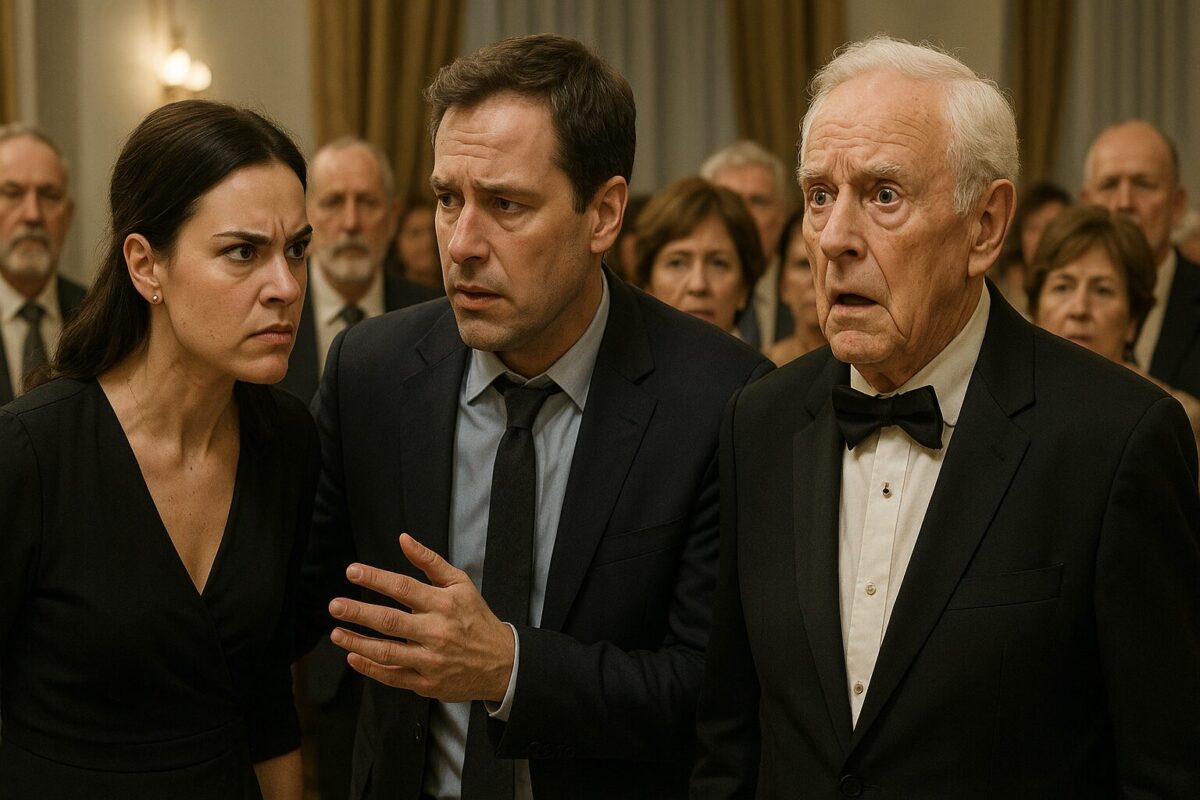 На банкете в торжественном зале напряжённая женщина с тёмными волосами спорит с мужчиной, который пытается её успокоить. Рядом стоит пожилой мужчина в смокинге с ошеломлённым выражением лица. За ними гости в праздничной одежде наблюдают с тревогой.